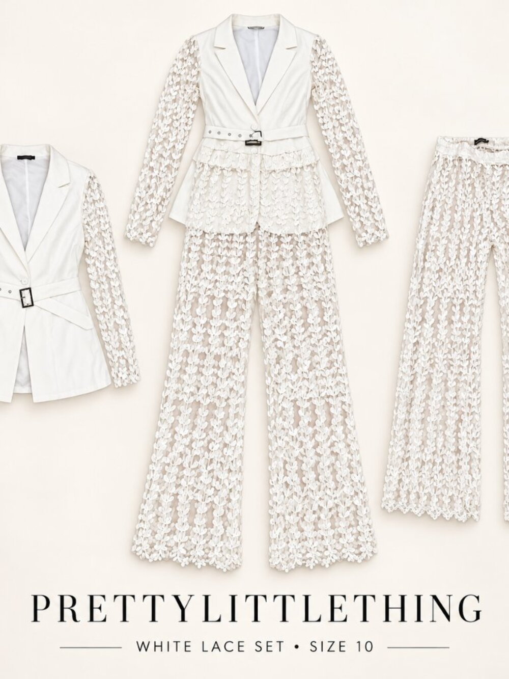 PrettyLittleThing White Lace Pants Set Size 10